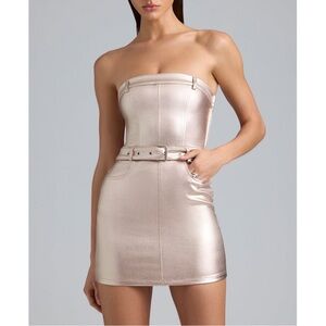 Oh Polly X Bratz | Simone Metallic Denim Belted Strapless Mini Dress | Champagne
